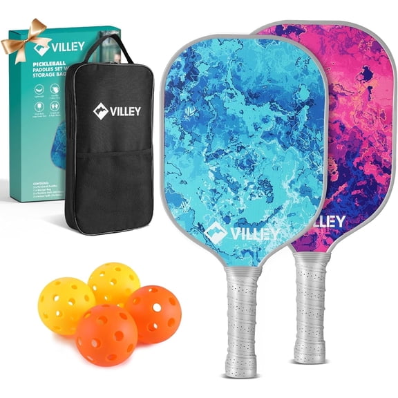 VILLEY Pickleball Paddles Set of 2, 0.49 lb Ultra-Lightweight Fiberglass Paddle Set with 4 Balls & Carry Bag, Ergonomic Grip for Beginners, Men, Women, Kids, Adults