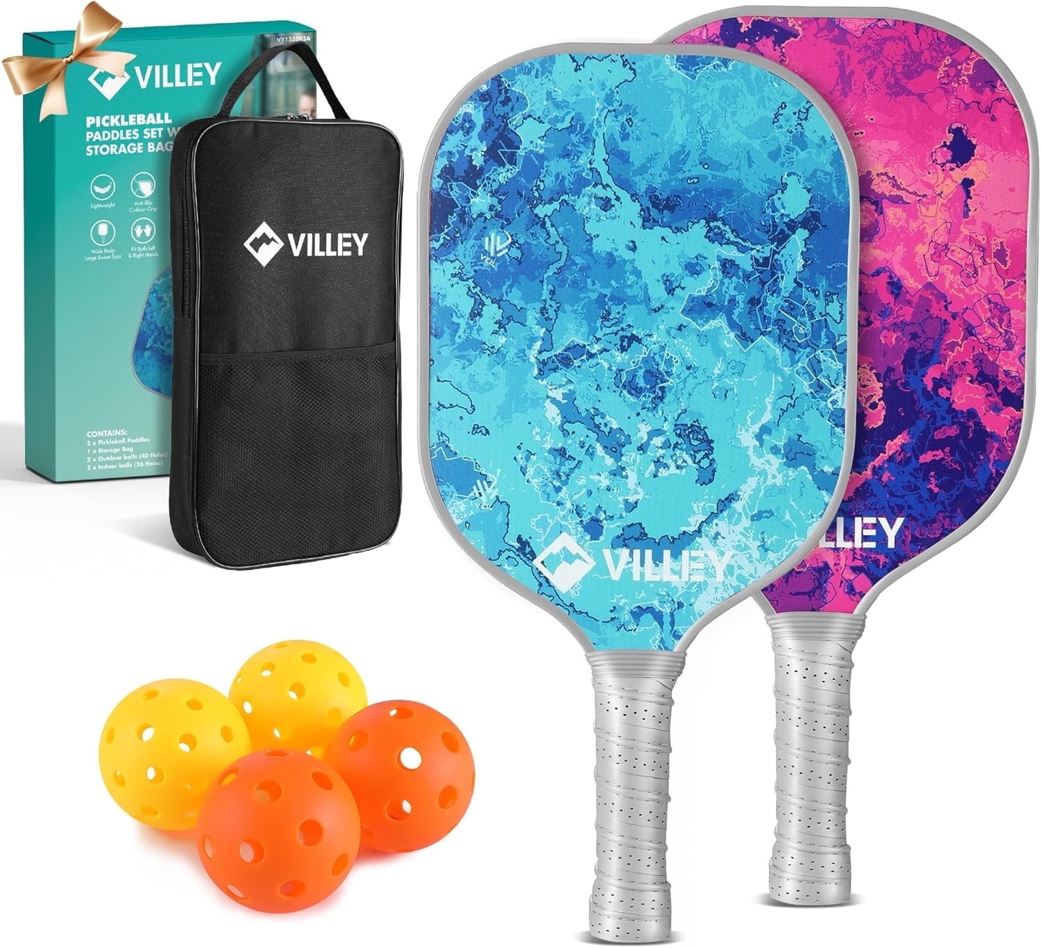 VILLEY Pickleball Paddles Set of 2, Fiberglass Surface Pickleball Set with 4 Pickleball Balls and Pickleball Bag, for Men, Women, Kids, Adults