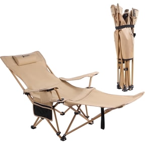 VILLEY Reclining Camping Lounge Chair Adjustable Foldable Chair for Adults with Removable Footrest, Headrest & Storage Bag Supports Up to 330 LBS Beige