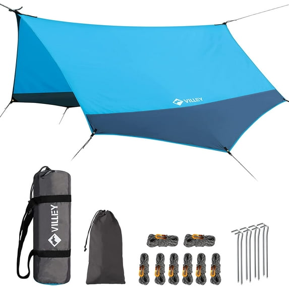 VILLEY Waterproof Hammock Tent Rain Fly, Octagonal Camping Tarp, Sun Shelter for Camping, Backpacking, Hiking, Accessory Includes Stakes, Ropes and Carry Bag (Blue)