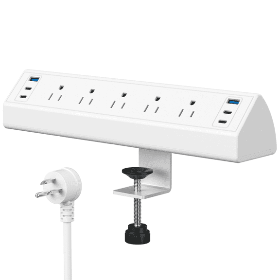 VILONG Desk Clamp Power Strip with USB-C&USB-a Ports–Desktop Edge Mount Surge Protector Power Strip with 5 Outlets–Clamp-on Power Station for Office Standing Desk,White