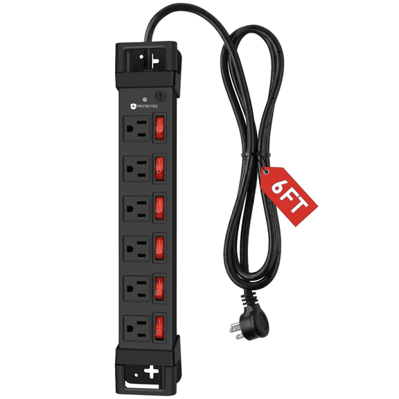 VILONG 6 Outlet Power Strip with Individual Switches, Heavy Duty Surge Protector 1200J, 14Awg 6ft Cord, Wall Mount, Garage Workshop Etl Certified