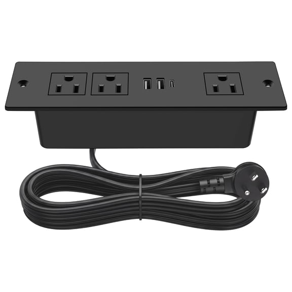 VILONG Recessed Power Strip 20W Fast Charging Station, 800J Surge Protector, 3 AC 2 USB-A 1 USB-C 6ft Flat Plug, Black