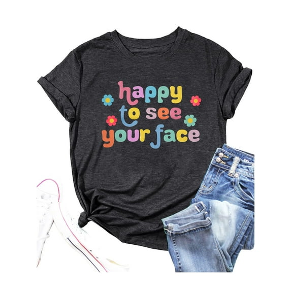 VILOVE Women Happy to See Your Face Letter Graphic Tee Back to School Shirt Short Sleeve Teacher Shirt