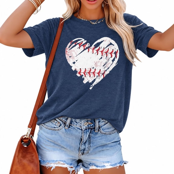 KimSoong Women Baseball Shirts Baseball Mom T-shirt Baseball Heart Graphic Tee Game Day Gifts Funny Short Sleeve Tops,L