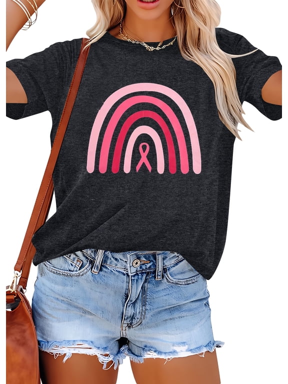 Women Breast Cancer Shirt Pink Ribbon Breast Cancer Awareness T-Shirts Casual Short Sleeve Tops