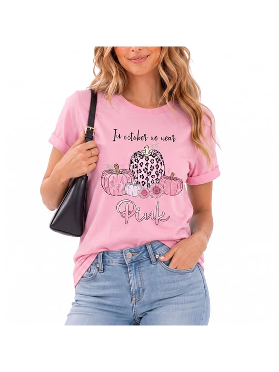 Women's Breast Cancer Awareness T-Shirt ,In October We Wear Pink Ribbon Pumpkin Graphic Tee ,Fall Casual Tops