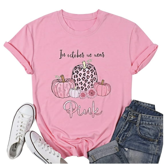 VILOVE Women Breast Cancer T-Shirt In October We Wear Pink Ribbon Shirts Pumpkin Graphic Tees Casual Halloween Tops