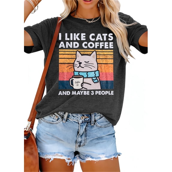 KimSoong Women Cat Graphic Shirt I Like Cats and Coffee Letter print T-Shirt Vintage Cat Coffee Lover Shirts Retro Tee Tops