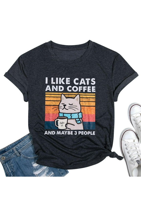 Women Cat Graphic Shirt I Like Cats and Coffee Letter print T-Shirt Vintage Cat Coffee Lover Shirts Retro Tee Tops