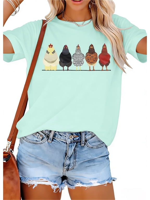 Women Chicken Graphic Tees Mom Cute T-Shirts Crew Neck Short Sleeve Farm Country Casual Tees Tops