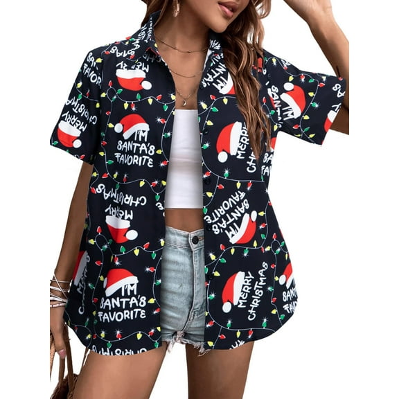 VILOVE Women Christmas Blouse Hawaiian Button Down Shirts Vintage Merry Christmas Graphic Short Sleeve Tops