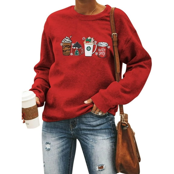 VILOVE Women Christmas Sweatshirt Coffee Ice Cream Graphic Sweatshirts Crew Neck Long Sleeve Pullover Tops
