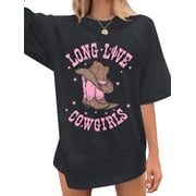 KimSoong Women Oversized Cowgirl T-Shirts Western Country Music Vintage Graphic Short Sleeve Tops