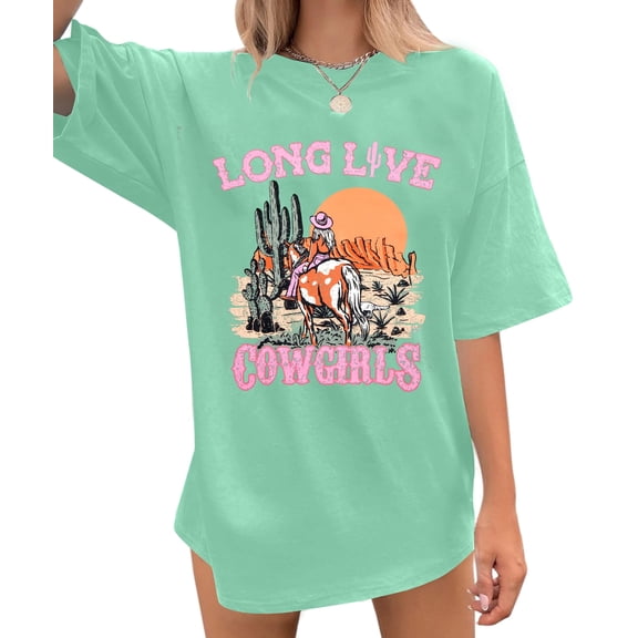 KimSoong Women Oversized Cowgirl T-Shirts Western Country Music Vintage Graphic Short Sleeve Tops