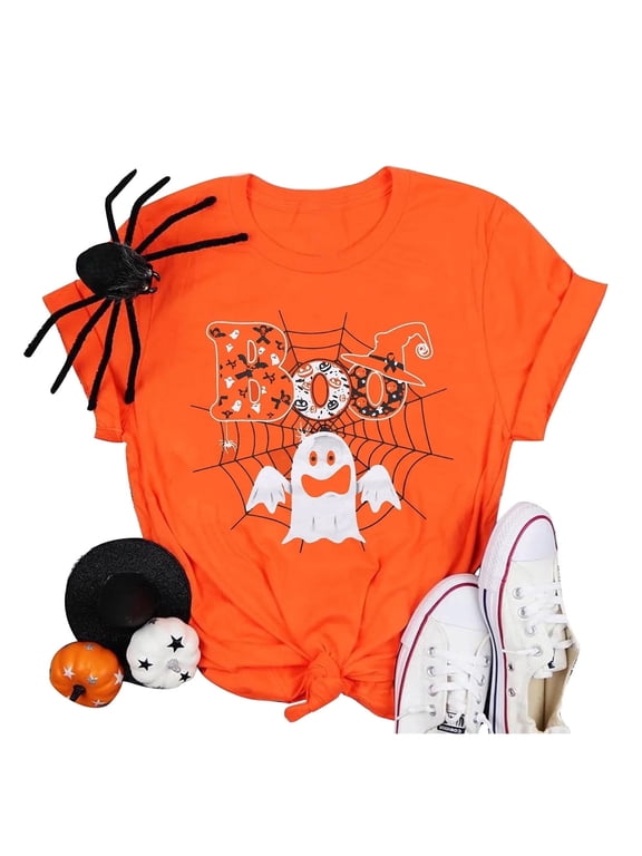 Women Halloween Boo T-Shirts Funny Ghost Pumpkin Spider Graphic Crew Neck Tees Tops