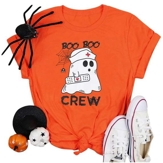 VILOVE Women Halloween Nurse Shirt Boo Boo Crew Letter Printt T-Shirt Funny Ghost Nurse Graphic Tee Tops
