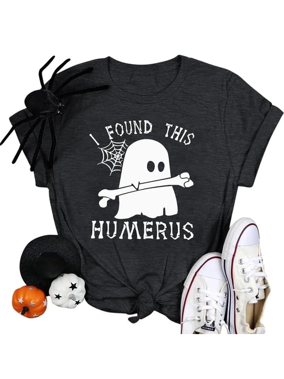 Women Halloween T-Shirt I Found This Humerus Letter Print Cute Ghost Graphic Crew Neck Tee Tops