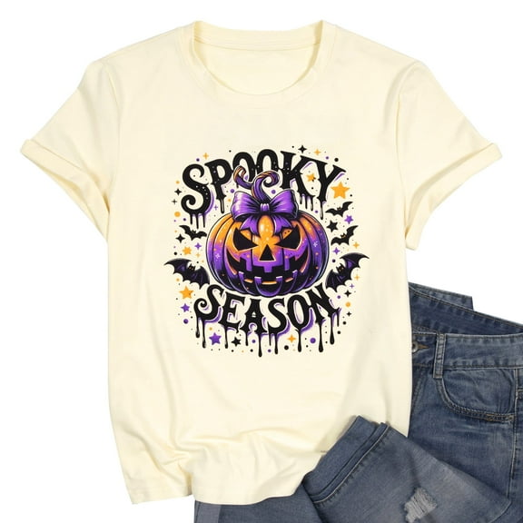 VILOVE Women Halloween T-Shirt Spooky Season Letter Print Pumpkin Graphic Crew Neck Tee Tops