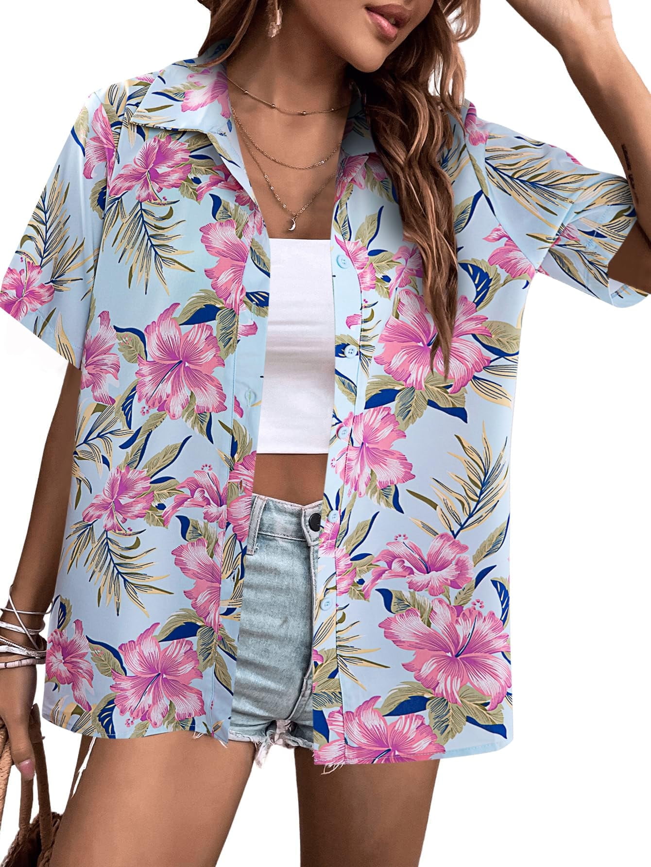 VILOVE Women Hawaiian Shirts Tropical Floral Printed Lapel Neck Button — free download