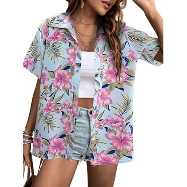 VILOVE Women Hawaiian Shirts Tropical Floral Printed Lapel Neck Button Down Short Sleeve Summer Cardigan Shirt