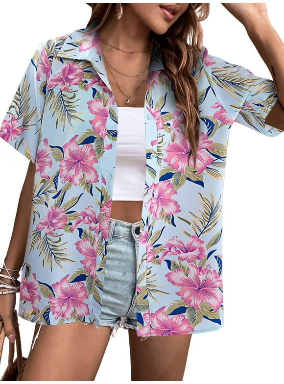 Women Hawaiian Shirts Tropical Floral Printed Lapel Neck Button Down Short Sleeve Summer Cardigan Shirt