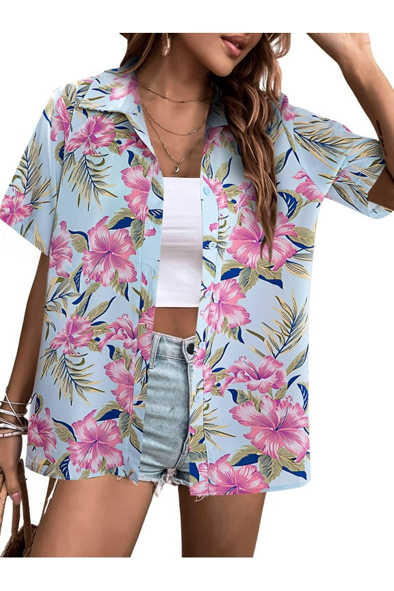 Women Hawaiian Shirts Tropical Floral Printed Lapel Neck Button Down Short Sleeve Summer Cardigan Shirt