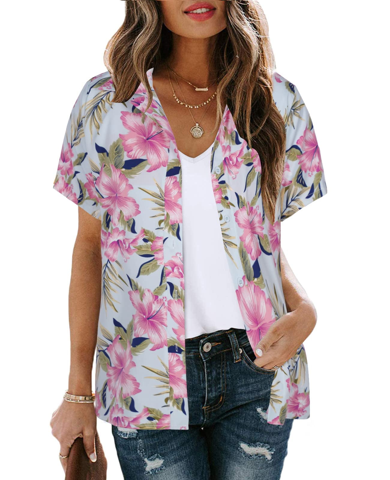 VILOVE Hawaiian Shirts for Women Floral Printed Tops Tropical Button ...