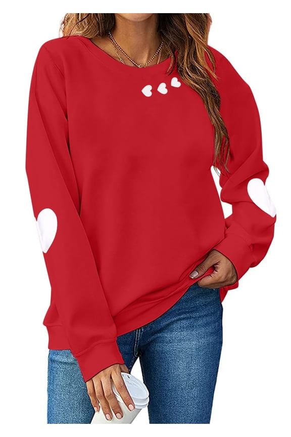 Women Valentine's Day Love Heart Graphic Top Crew Neck Long Sleeve Pullover Casual Blouse Tops, Red