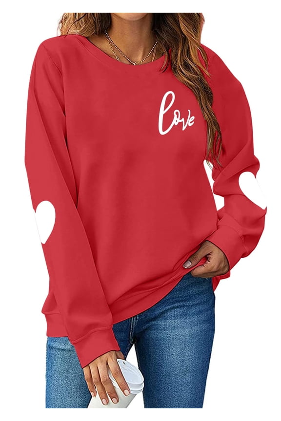 Women Valentine's Day Love Heart Graphic Top Crew Neck Long Sleeve Pullover Casual Blouse Tops, Red