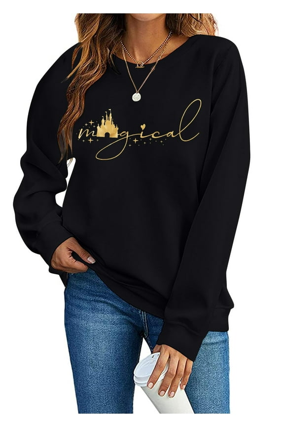 Women Magic Kingdom Sweatshirts Castle Graphic Crew Neck Long Sleeve Family Vacation Pullover Tops