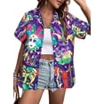 thumbnail image 1 of VILOVE Women Mardi Gras T-Shirt Hawaiian Shirt Street Carnival Themed Masks Graphic Tees Beach Vacation Short Sleeve Button Up Tops, Purple, 1 of 7