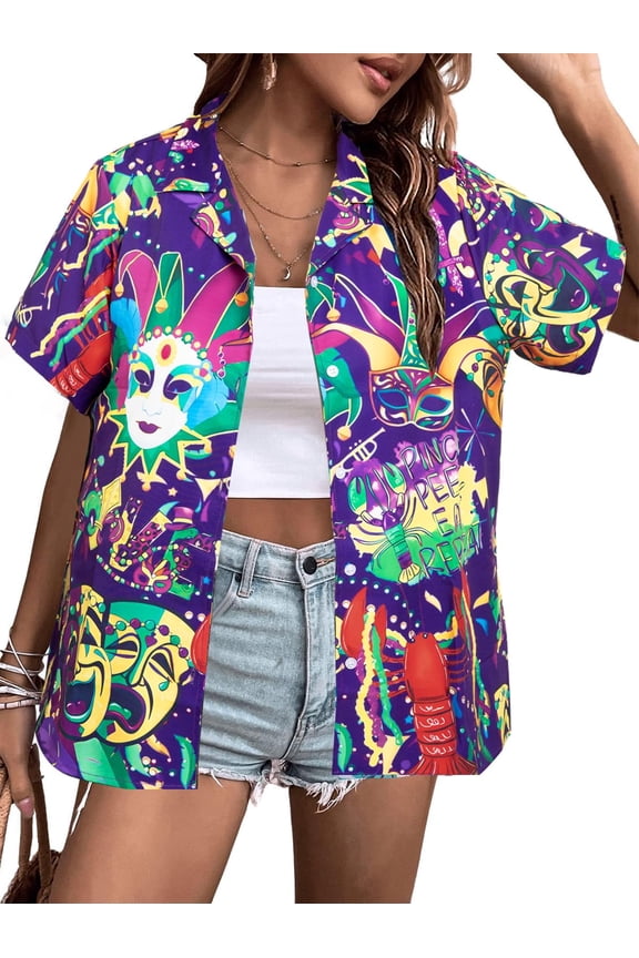 Women Mardi Gras T-Shirt Hawaiian Shirt Street Carnival Themed Masks Graphic Tees Beach Vacation Short Sleeve Button Up Tops, Purple