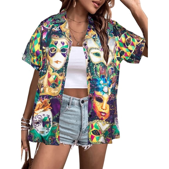 VILOVE Women Mardi Gras T-Shirt Hawaiian Shirt Street Carnival Themed Masks Graphic Tees Beach Vacation Short Sleeve Button Up Tops, Purple