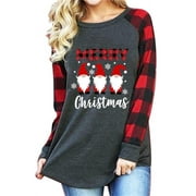 VILOVE Merry Christmas Shirts for Women Gnomes T-Shirt Lights Plaid Splicing Raglan Long Sleeve Tee Xmas Holiday Pullover Top