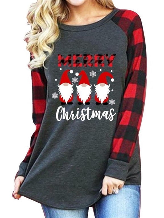 Merry Christmas Shirts for Women Gnomes T-Shirt Lights Plaid Splicing Raglan Long Sleeve Tee Xmas Holiday Pullover Top