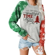 VILOVE Women Merry Christmas Sweatshirt Plaid Leopard Tree Graphic Long Sleeve Pullover Xmas Lightweight Holiday Tee Tops