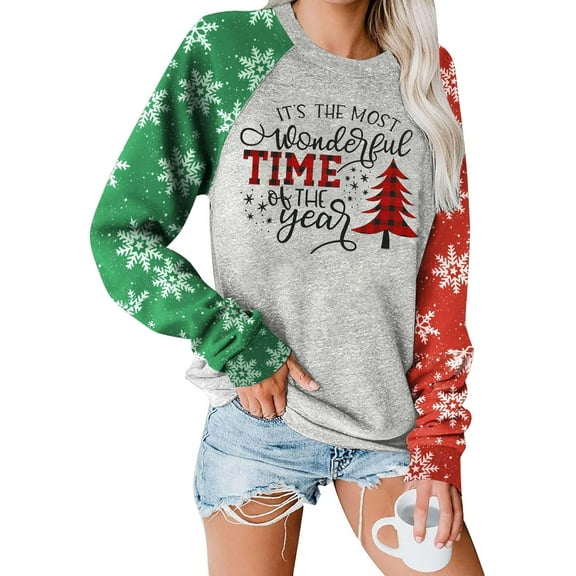 VILOVE Women Merry Christmas Sweatshirt Xmas Buffalo Plaid Tree Color Block Christmas Snowflake Print Long Sleeve Top Shirts