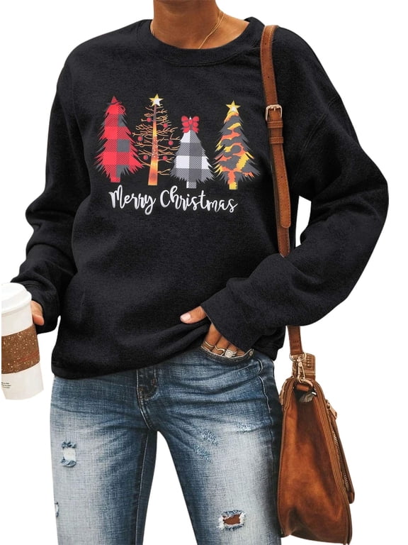 Women Merry Christmas Sweatshirt Plaid Leopard Tree Graphic Long Sleeve Pullover Xmas Lightweight Holiday Tee Tops