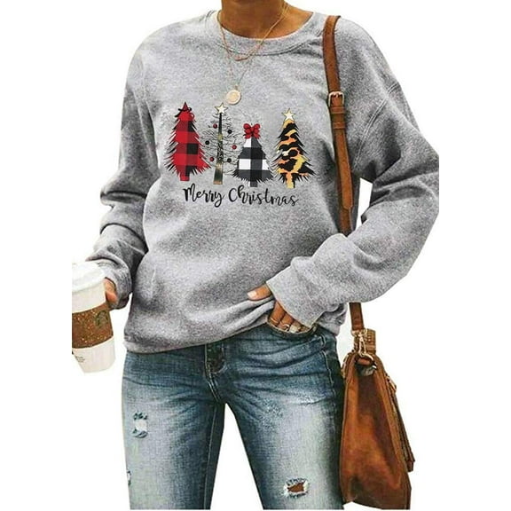 VILOVE Women Merry Christmas Sweatshirt Plaid Leopard Tree Graphic Long Sleeve Pullover Xmas Lightweight Holiday Tee Tops