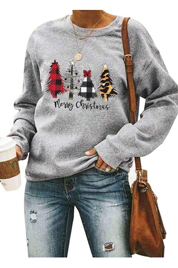 Women Merry Christmas Sweatshirt Plaid Leopard Tree Graphic Long Sleeve Pullover Xmas Lightweight Holiday Tee Tops