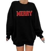 VILOVE Women Merry Christmas Sweatshirt Xmas Buffalo Plaid Tree Color Block Christmas Snowflake Print Long Sleeve Top Shirts