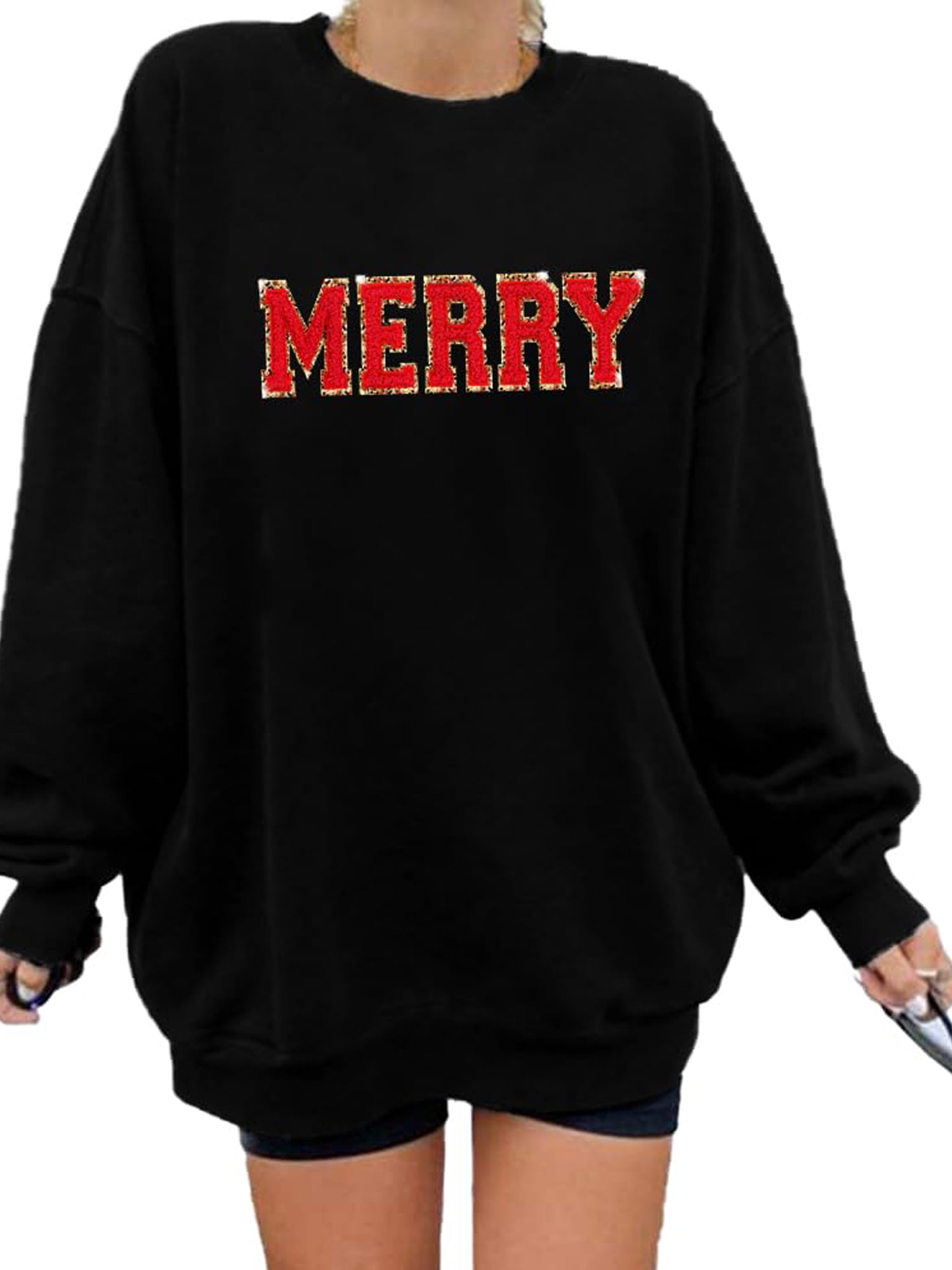 VILOVE Merry Christmas Sweatshirts for Women Merry Letter Print Long