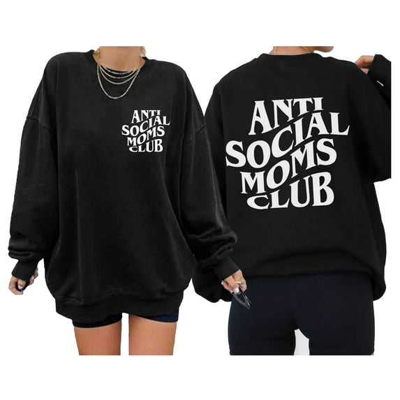 VILOVE Women Oversized Mama Sweatshirt Crew Neck Long Sleeve ANTI SOCIAL MOMS CLUB Letter Print Pullover Top, Black