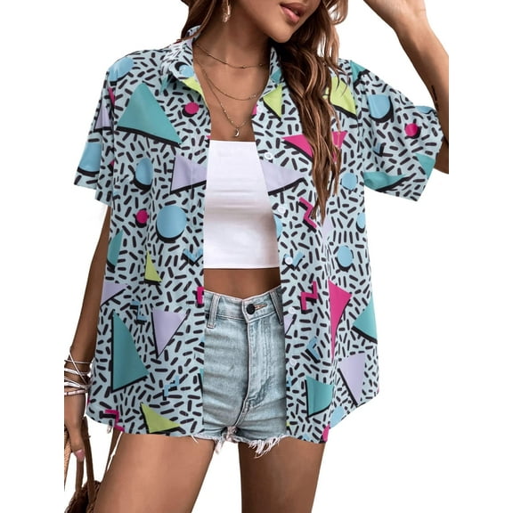 VILOVE Retro Theme Party Disco Shirt 80s 90s Outfits for Women 80s Hawaiian Shirt Neon Button Down Short Sleeve Blouse