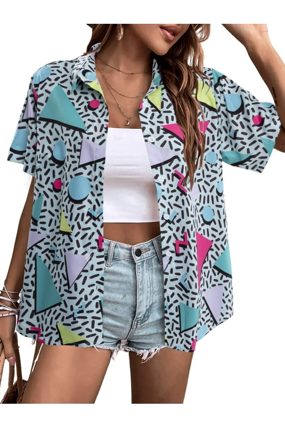 Retro Theme Party Disco Shirt 80s 90s Outfits for Women 80s Hawaiian Shirt Neon Button Down Short Sleeve Blouse