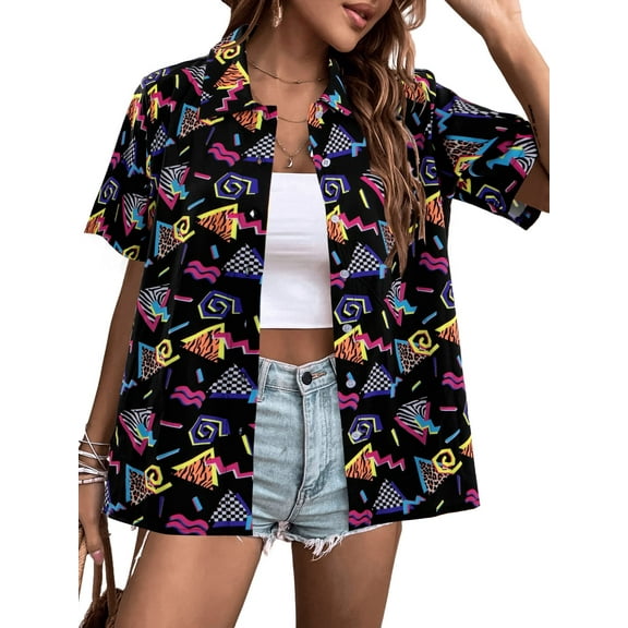 VILOVE Retro Theme Party Disco Shirt 80s 90s Outfits for Women 80s Hawaiian Shirt Neon Button Down Short Sleeve Blouse