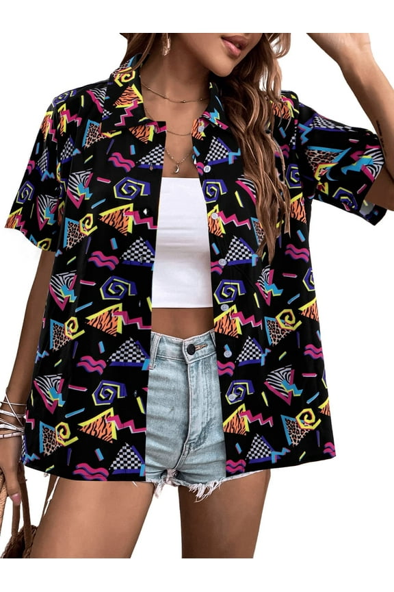 Retro Theme Party Disco Shirt 80s 90s Outfits for Women 80s Hawaiian Shirt Neon Button Down Short Sleeve Blouse
