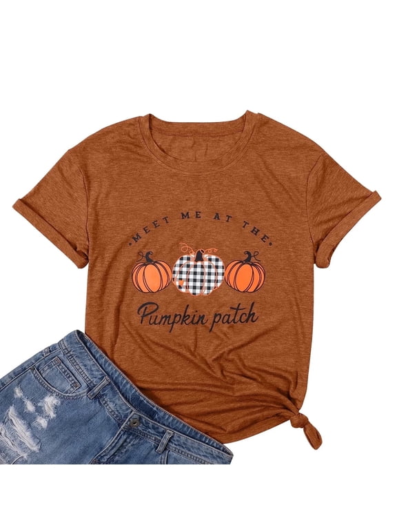 Women Halloween Shirt Plaid Pumpkins Graphic Crew Neck Short Sleeve T-Shirts Tops