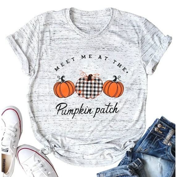 VILOVE Women Halloween Shirt Plaid Pumpkins Graphic Crew Neck Short Sleeve T-Shirts Tops
